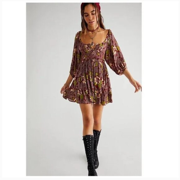 Free People Summer Picnic Puff Sleeve Floral Mini Dress Women's Medium Stretch - Picture 1 of 16